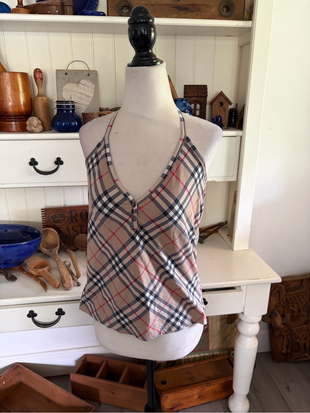 Burberry Plaid Halter Tank Top in Beige - Classic Casual